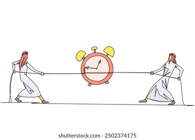 Single one line drawing two Arabian businessmen fighting over an alarm clock. Compete to be able to complete the report as quickly as possible. Obstacles. Continuous line design graphic illustration