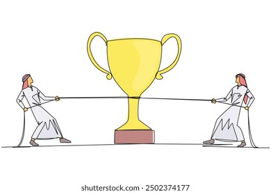 Una sola línea dibujando a dos empresarios árabes luchando por el trofeo. Luchando contra los compañeros de trabajo hipócritas. Quiero controlarlo todo. Codicioso. Ilustración gráfica de diseño de línea continua