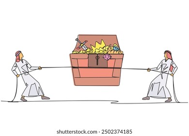 Single one line drawing two Arabian businessmen fight over an open treasure chest. Battle over finding treasure. Everything is done to have it. Greedy. Continuous line design graphic illustration