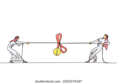 Single one line drawing two Arabian businessmen fighting for a medal award. Fight to be number one. Become the most successful entrepreneur. Achievements. Continuous line design graphic illustration