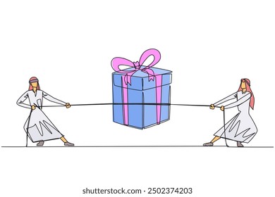 Single one line drawing two Arabian businessmen fighting over a gift box. Struggle for bonuses. The best will be the winner. Achievement of hard work. Continuous line design graphic illustration