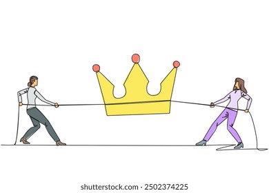 Single one line drawing two businesswomen fight for the crown. Competition to create highly profitable business empire. Facilitate personal interests. Continuous line design graphic illustration