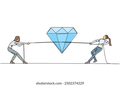 Single one line drawing two businesswomen fighting over diamond. Compete to get the most expensive jewelry. Healthy competition for companies. Best effort. Continuous line design graphic illustration