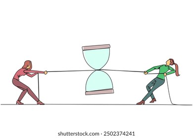 Single one line drawing two businesswomen fighting over an hourglass. Chasing each other against time. Scramble for extra time at the right time. Deadline. Continuous line design graphic illustration