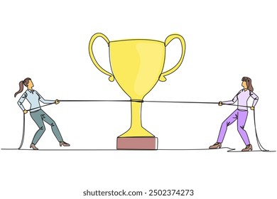 Single one line drawing two businesswomen fighting for a trophy. Strive to be a winner. Hard struggle to become a winner. Against the great businesswoman. Continuous line design graphic illustration