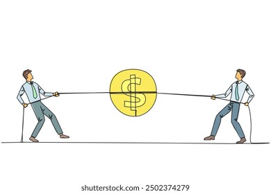 Una sola línea dibujando a dos hombres de negocios peleando por una moneda con un símbolo de dólar. Compite por el menor beneficio. Para una mejor vida de negocios. Bonos. Ilustración gráfica de diseño de línea continua