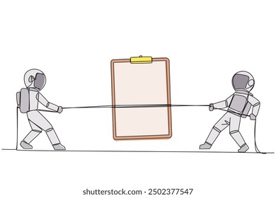 Single one line drawing two astronauts fighting over clipboard. The battle is fierce to get tools that make it easier to make expedition reports. Cosmonaut. Continuous line design graphic illustration