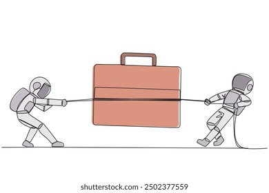 Single one line drawing two astronauts fighting over briefcase. Fighting for quotas for expedition trips to the moon. Cosmonaut deep space. Explore outer space. Continuous line graphic illustration