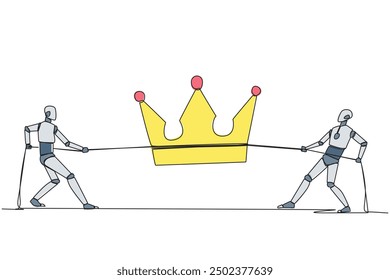 Single one line drawing two robots fight for the crown. Competition to become the greatest robot ever. Artificial intelligence. Future tech development. Continuous line design graphic illustration