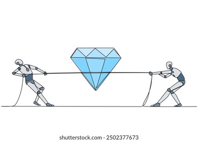 Una sola línea dibujando dos robots inteligentes luchando por el diamante. Las feroces peleas por los hallazgos de joyas tienen un alto valor de reventa. Inteligente. Tecnología del futuro. Ilustración gráfica de diseño de línea continua