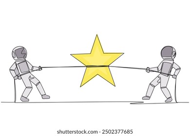 Single one line drawing two astronauts fighting for a star. Competition for dreams. Be the first in line to go on expedition to moon. Cosmonaut deep space. Continuous line design graphic illustration