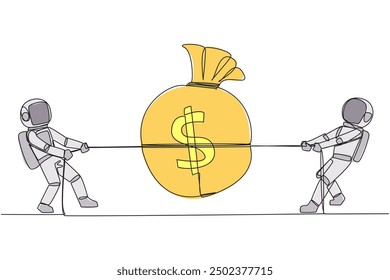 Single one line drawing two astronauts fighting over a money bag. Fight for financial aid for an important expedition into space. Trying to achieve dreams. Continuous line design graphic illustration
