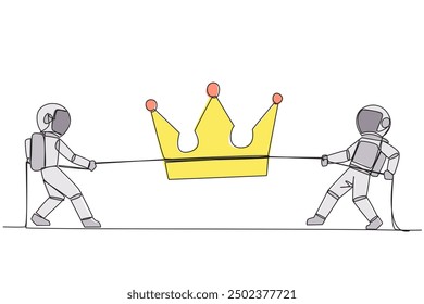 Single one line drawing two astronauts fight for the crown. Compete to become the most skilled cosmonaut on earth. Put aside teamwork. Galaxy space concept. Continuous line design graphic illustration