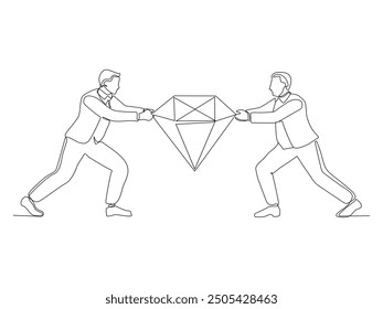 Single one line drawing two selfish man are fighting for diamond.