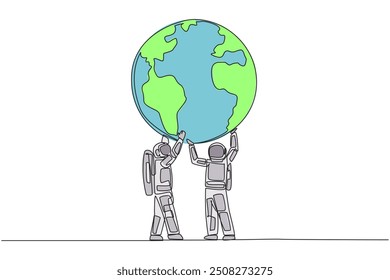 Single one line drawing two astronauts hold up globe together with both hands. Returning from expedition, enthusiasm for protecting earth grow stronger. Continuous line design graphic illustration