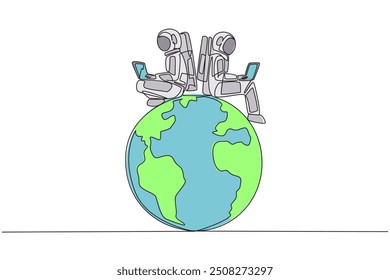 Single one line drawing two astronauts sitting typing laptop on globe. Make expedition reports about air quality on earth. Cosmonaut protect the earth. Continuous line design graphic illustration