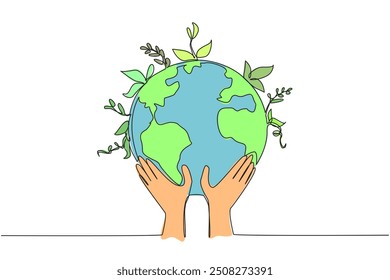 Single one line drawing two hands holding a globe. Care about the earth. Planting plants for healthier air. Environmental care. World environment day. Continuous line design graphic illustration