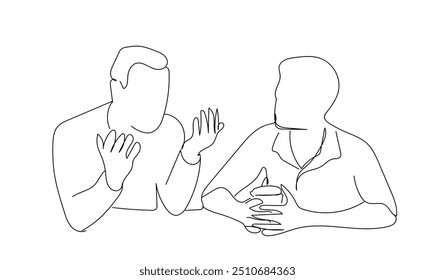 Single one line drawing two best friend talking and drinking coffee in a cafe. Hangouts With Friends concept. Continuous line draw design graphic vector illustration.