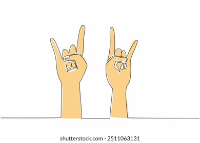 Single one line drawing two hands with the index finger and little finger up to form horns. Gesture. Symbol. Sign. Punk. International Day of Awesomeness. Continuous line design graphic illustration