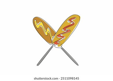 Una sola línea dibujando dos perros de maíz cruzados. Completa con salsa de chile y mayonesa para añadir al delicioso sabor. Logotipo del postre. Día Nacional del Corn Dog. Ilustración gráfica de diseño de línea continua