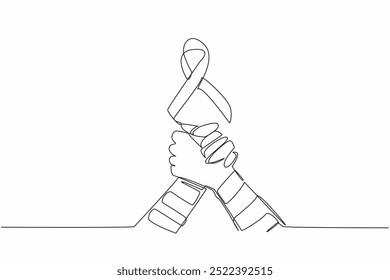 Single one line drawing two bandaged arms clasping each other. Orange ribbon above them. Together, we can make a difference. Self-Injury Awareness Day Continuous line design graphic illustration