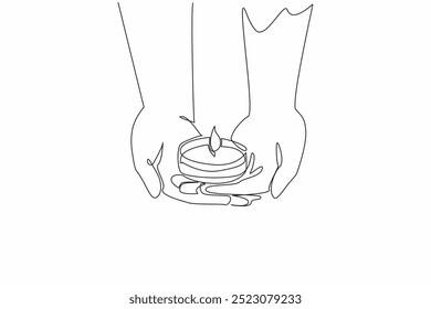 Single one line drawing two hands holding a lit candles. Offer hope. Provide enlightenment. Instruction. A calming fragrance. Aromatic. World Candle Day. Continuous line design graphic illustration