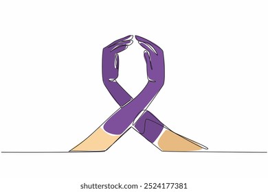 Una sola línea dibujando dos manos unidas para formar el símbolo púrpura de la campaña contra el cáncer. La cooperación invita a una mayor atención. Concienciación. Día Mundial contra el Cáncer. Ilustración gráfica de diseño de línea continua