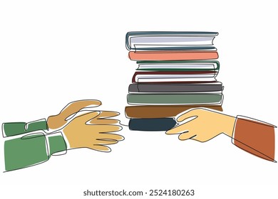 Single one line drawing two hands, one passing a stack of books to other. Transfer of knowledge. Symbolic gesture of sharing. International Book Giving Day. Continuous line design graphic illustration