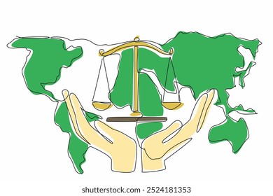Single one line drawing two hands holding the scale on the world map background. Human effort to support justice in the world. World Day of Social Justice. Continuous line design graphic illustration