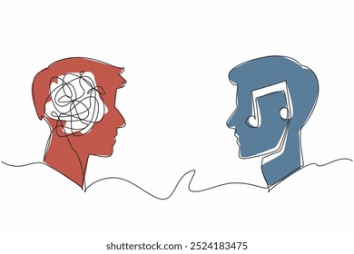 Una sola línea dibujando dos siluetas de cabeza con relleno de círculo arrugado y tonos. La música puede salvar las divisiones. Choque de perspectivas. Día Mundial de la Musicoterapia. Ilustración gráfica de diseño de línea continua