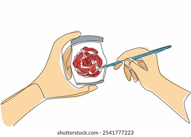 Single one line drawing two hands painting roses on jar using paint brush. Decorate to make it more beautiful and pleasing to eye. National Handmade Day. Continuous line design graphic illustration