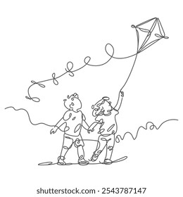 Single one line drawing two girl playing to fly kite up into sky at outdoor field. Kids playing kite in playground. Children with kites game and they look happy. Continuous line draw design graphic.