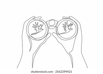 Single one line drawing two hands holding binoculars watching flying birds. Observing animal behavior in the wild. Discovery. National Go Birding Day. Continuous line design graphic illustration