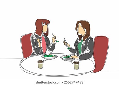 Single one line drawing two businesswomen are having a meal together. Relaxing for a meal break. A cup of delicious coffee. National Make Lunch Count Day. Continuous line design graphic illustration