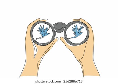 Single one line drawing two hands holding binoculars watching flying birds. Observing animal behavior in the wild. Discovery. National Go Birding Day. Continuous line design graphic illustration