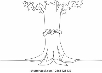 Single one line drawing two hands hugging a tree from behind while holding a heart shaped paper. Symbol of protecting nature. Green earth. Day of Trees. Continuous line design graphic illustration