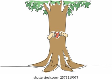 Single one line drawing two hands hugging a tree from behind while holding a heart shaped paper. Symbol of protecting nature. Green earth. Day of Trees. Continuous line design graphic illustration