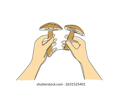 Single one line drawing two hands holding mushrooms. Comparing different harvests. Enjoy delicious mushroom dishes. Tasty. National Mushroom Hunting Day. Continuous line design graphic illustration