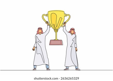 Single one line drawing two men holding golden goblet. Winners celebrating victory. Arabian businessman with prize, trophy cup. Celebration business team success. Continuous line design graphic vector