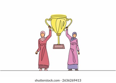 Single one line drawing two women holding golden goblet together. Winners celebrating victory. Arab businesswoman with prize, trophy cup. Celebration business team success. Continuous line draw design