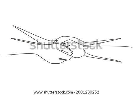 Single one line drawing two hands holding each other. Sign or symbol of love, relationship, couple, marriage. Communication with hand gestures. Continuous line draw design graphic vector illustration