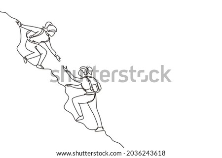 Single one line drawing two woman help each other to climb up the mountain. Help hand, hope and support. Business, success, leadership, achievement and goal concept. Continuous line draw design vector