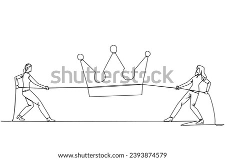 Single one line drawing two businesswomen fight for the crown. Competition to create highly profitable business empire. Facilitate personal interests. Continuous line design graphic illustration