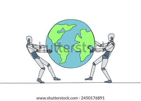 Single one line drawing two strong robot fighting over the globe. Fighting over the area that will be the target of sales expansion. Aggressive. Humanoid. Continuous line design graphic illustration