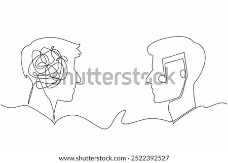 Single one line drawing two head silhouettes with crumpled circle fill and tones. Music can bridge divides. Clash of perspectives. World Music Therapy Day. Continuous line design graphic illustration