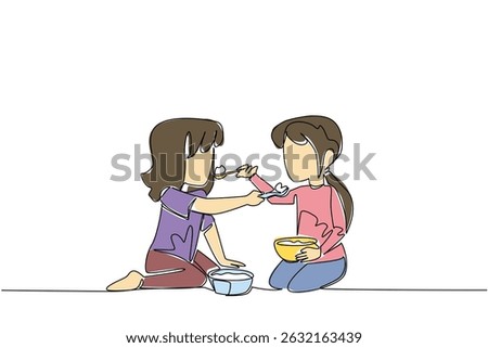 Single one line drawing two sisters feeding each other food. Sharing the delicious contents of the plate. Increase familiarity. Delicious. Day of Brother. Continuous line design graphic illustration
