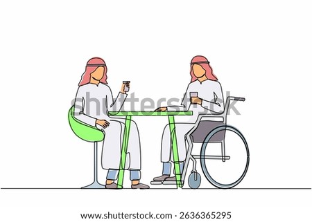 Single one line drawing two Arabic businessmen talk at business meeting. Colleagues have coffee break. Disability male drinks coffee with his friend. Continuous line design graphic vector illustration