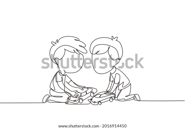 Single one line drawing two cute boys\
playing with their toys cars. Boy shows his toy cars to his friend.\
Happy kids playing together. Modern continuous line draw design\
graphic vector\
illustration