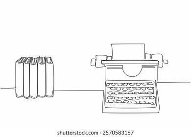 Single one line drawing a typewriter with paper and a row of fairly thick books. A best work of contemplation. Peaceful mind. Inspiration. Wordsmith Day. Continuous line design graphic illustration