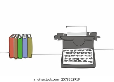 Single one line drawing a typewriter with paper and a row of fairly thick books. A best work of contemplation. Peaceful mind. Inspiration. Wordsmith Day. Continuous line design graphic illustration